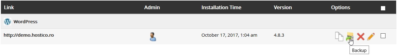 Розділ резервного копіювання програми Softaculous