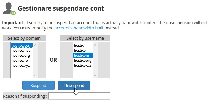 Reactivare cont suspendat whm