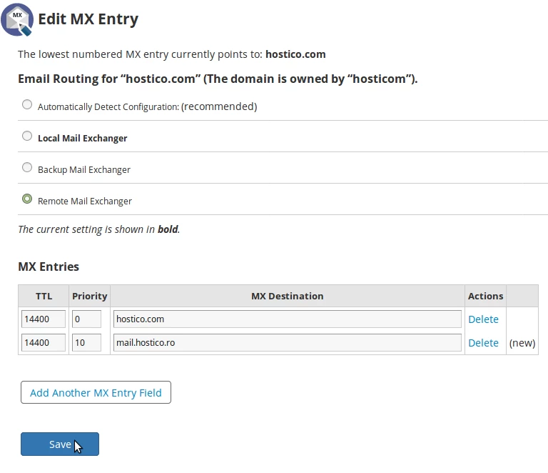 Salvare &icirc;nregistrari MX Entry