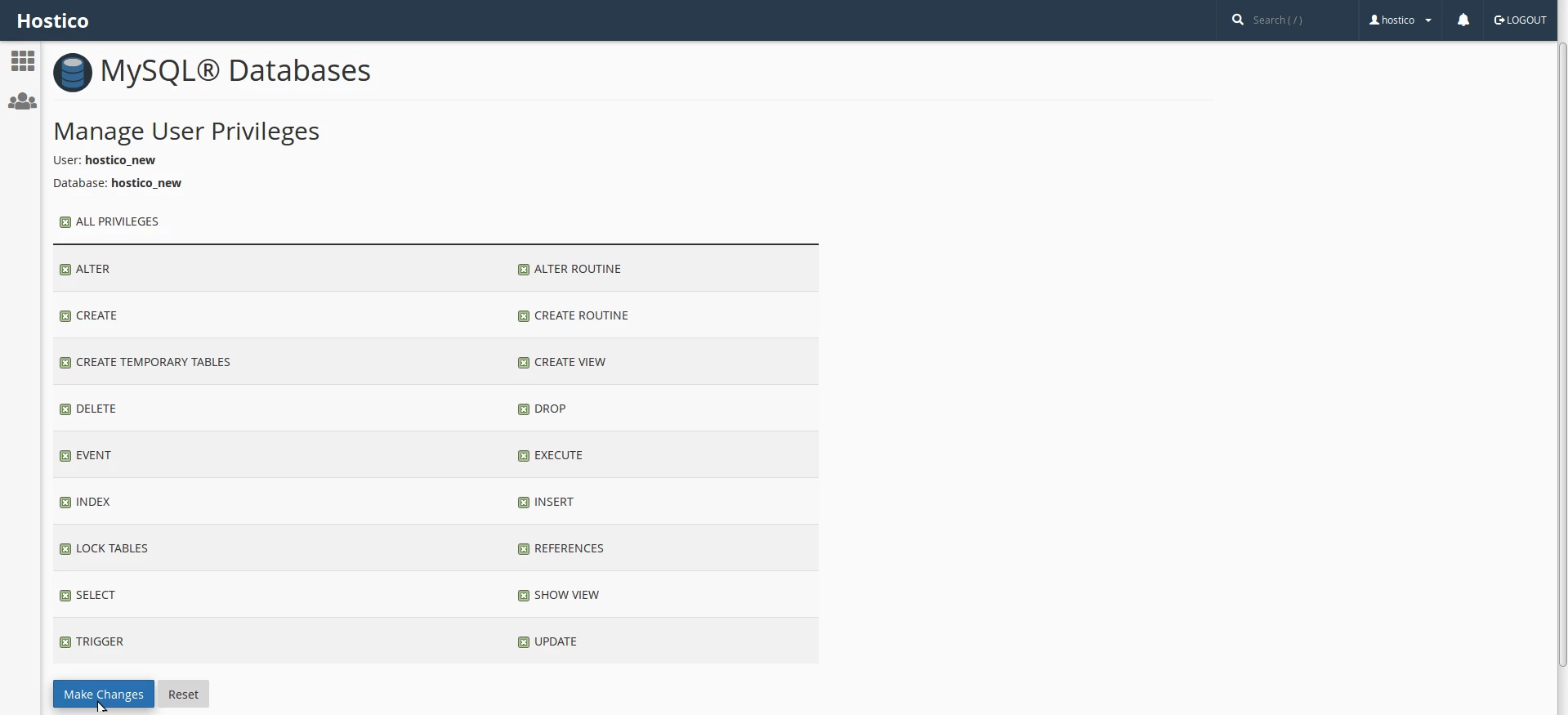 Привілеї бази даних cPanel