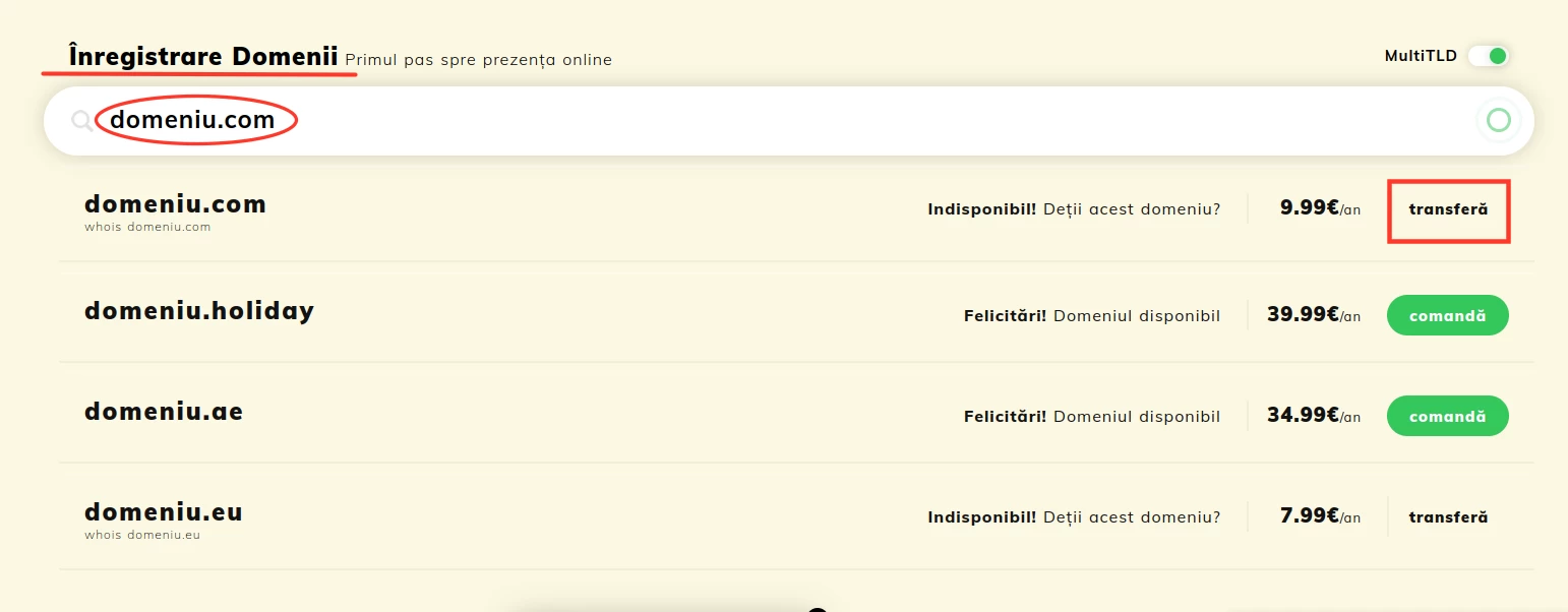 Interfata inregistrare si transfer domeniu