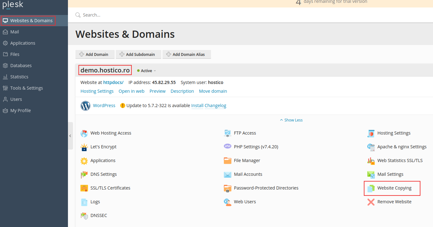 website and domain plesk
